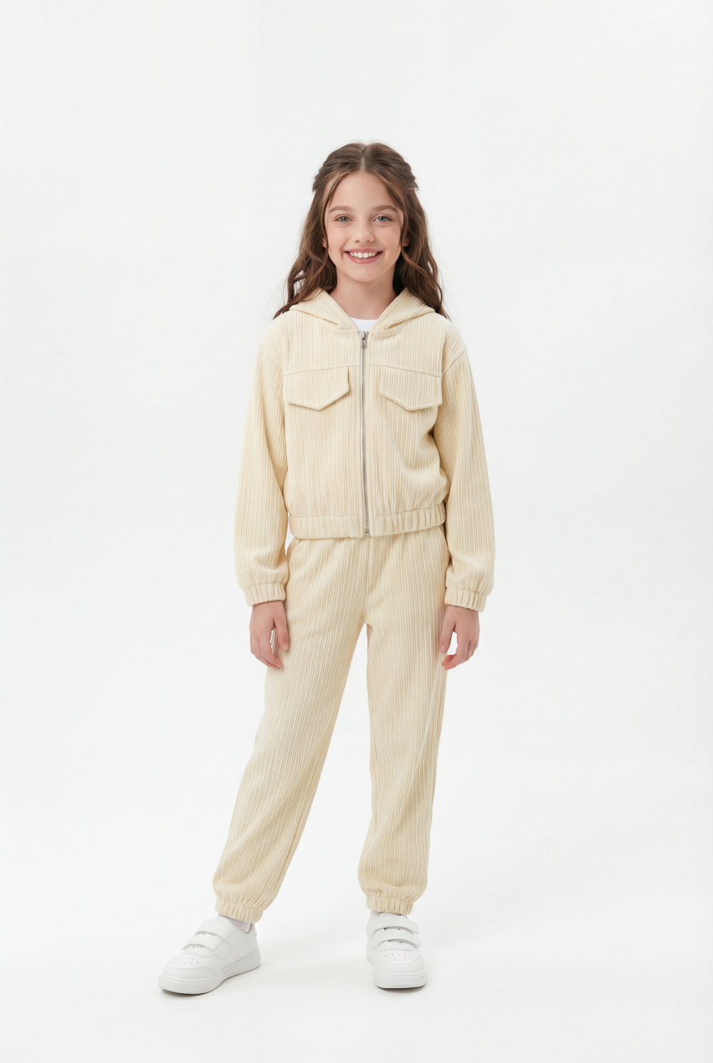 Girl's Two-Piece Set Trendy Coordinated Design Ribbed Corduroy Fabric Elasticated Cuffs Patch Print Slim Fit Outfit