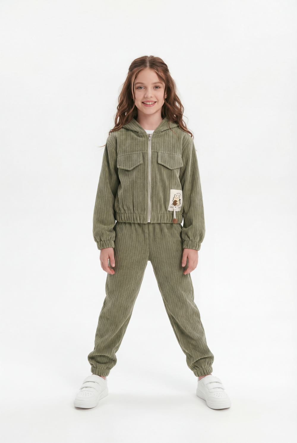 Girl's Two-Piece Set Trendy Coordinated Design Ribbed Corduroy Fabric Elasticated Cuffs Patch Print Slim Fit Outfit