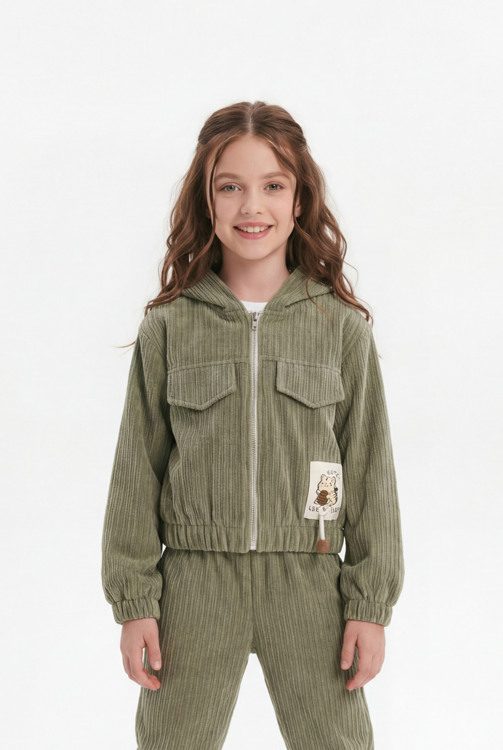 Girl's Two-Piece Set Trendy Coordinated Design Ribbed Corduroy Fabric Elasticated Cuffs Patch Print Slim Fit Outfit
