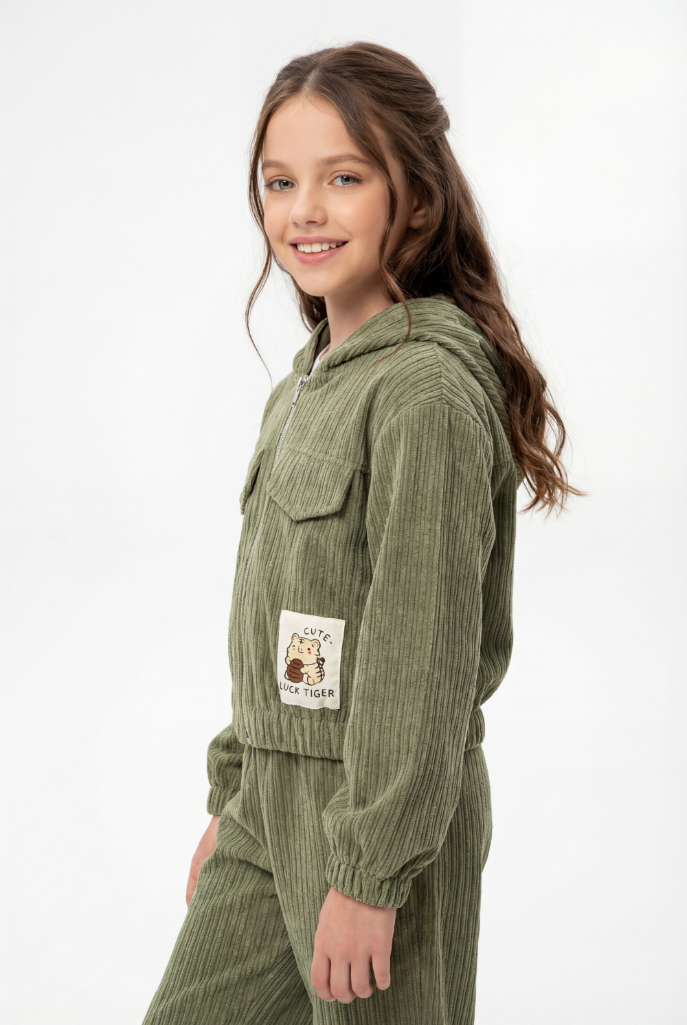 Girl's Two-Piece Set Trendy Coordinated Design Ribbed Corduroy Fabric Elasticated Cuffs Patch Print Slim Fit Outfit