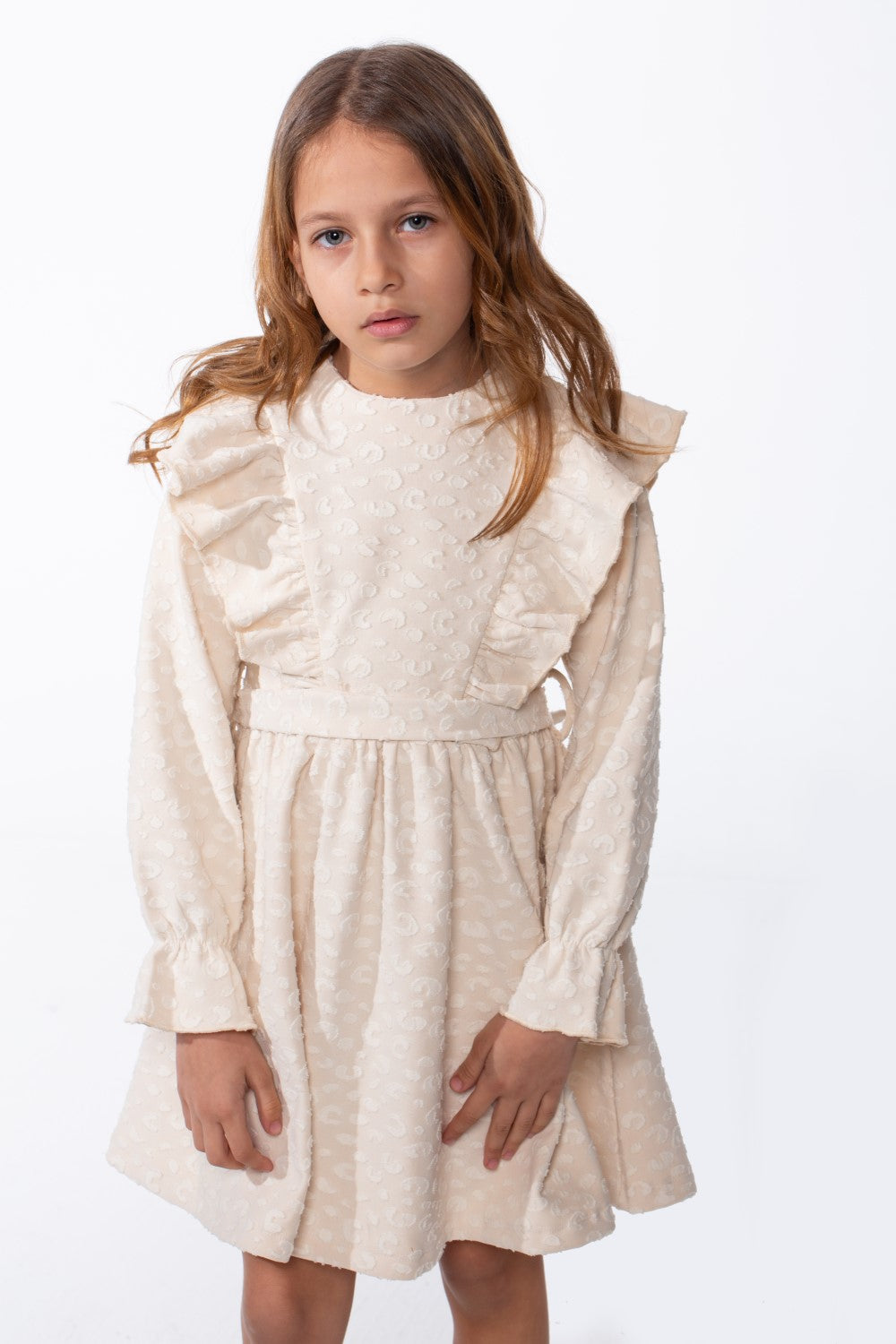 Girl's Textured Jakar Tonal Patterned Elasticated Ruffle Cuffs Dramatic Ruffle Waist Tie Charm Dress