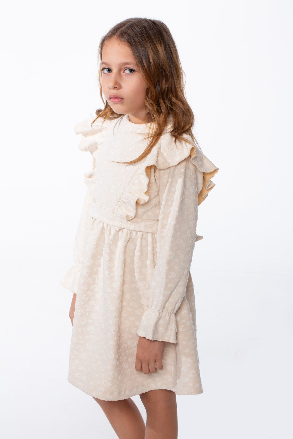 Girl's Textured Jakar Tonal Patterned Elasticated Ruffle Cuffs Dramatic Ruffle Waist Tie Charm Dress