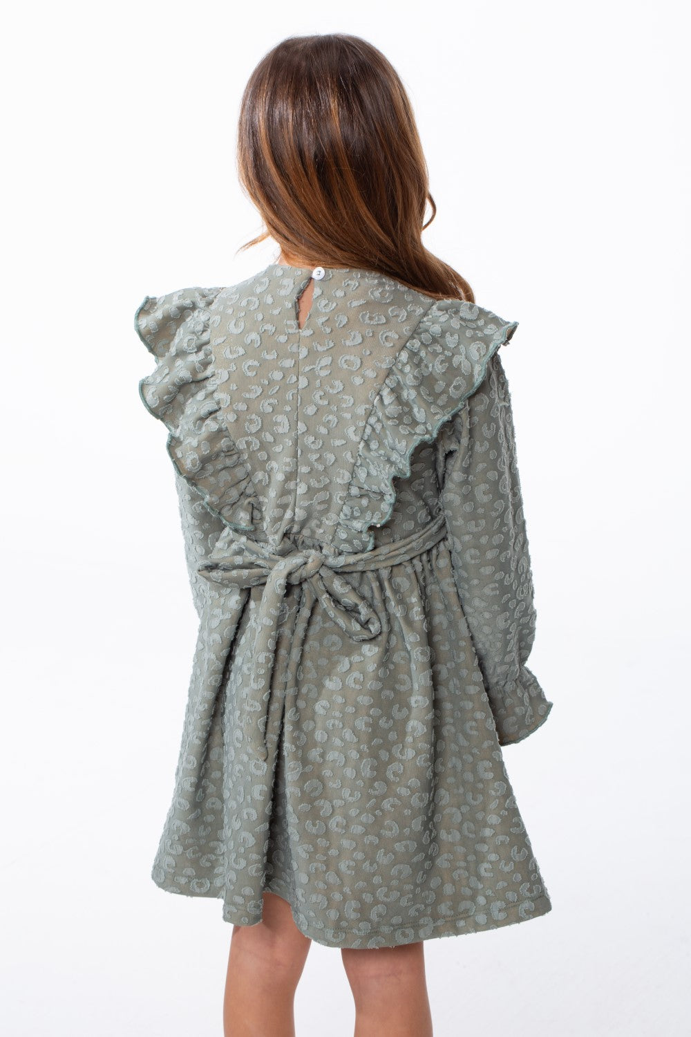 Girl's Textured Jakar Tonal Patterned Elasticated Ruffle Cuffs Dramatic Ruffle Waist Tie Charm Dress