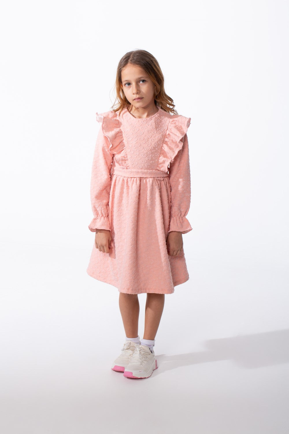 Girl's Textured Jakar Tonal Patterned Elasticated Ruffle Cuffs Dramatic Ruffle Waist Tie Charm Dress
