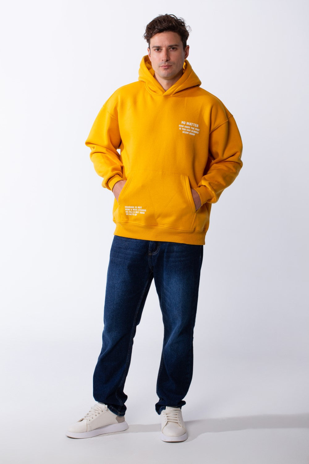 Men's Hooded Practical Text Print Front Pockets Slim Fit Melton Sweatshirt