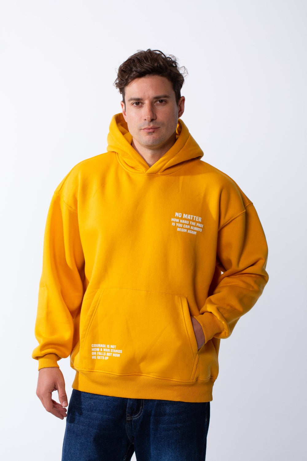 Men's Hooded Practical Text Print Front Pockets Slim Fit Melton Sweatshirt