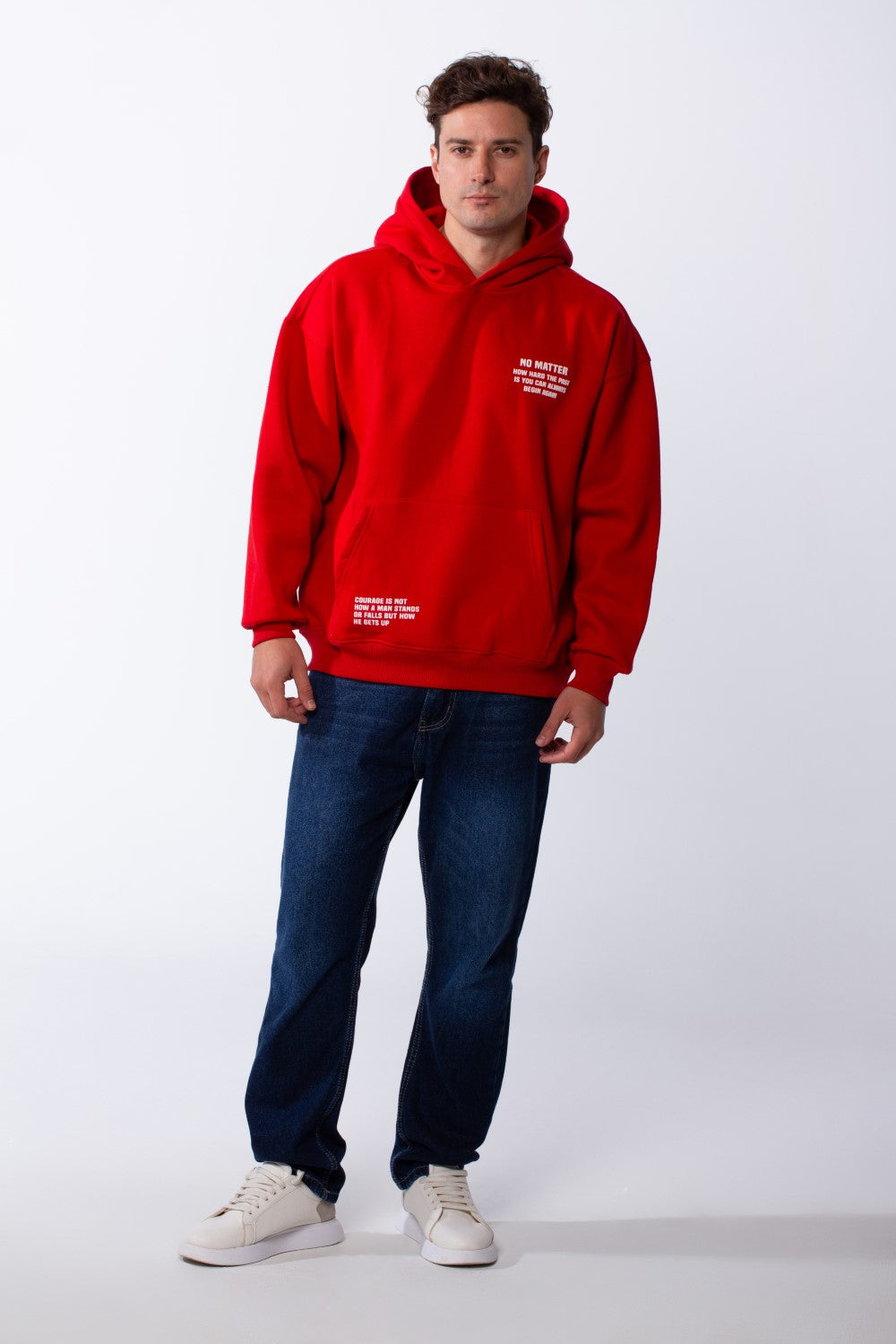 Men's Hooded Practical Text Print Front Pockets Slim Fit Melton Sweatshirt