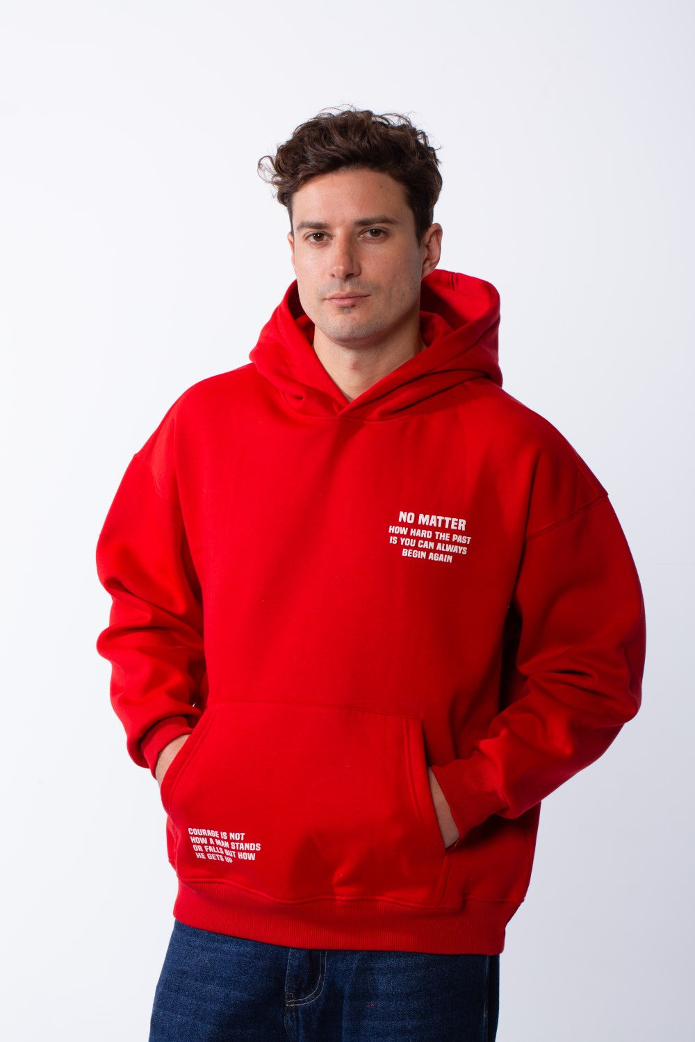 Men's Hooded Practical Text Print Front Pockets Slim Fit Melton Sweatshirt