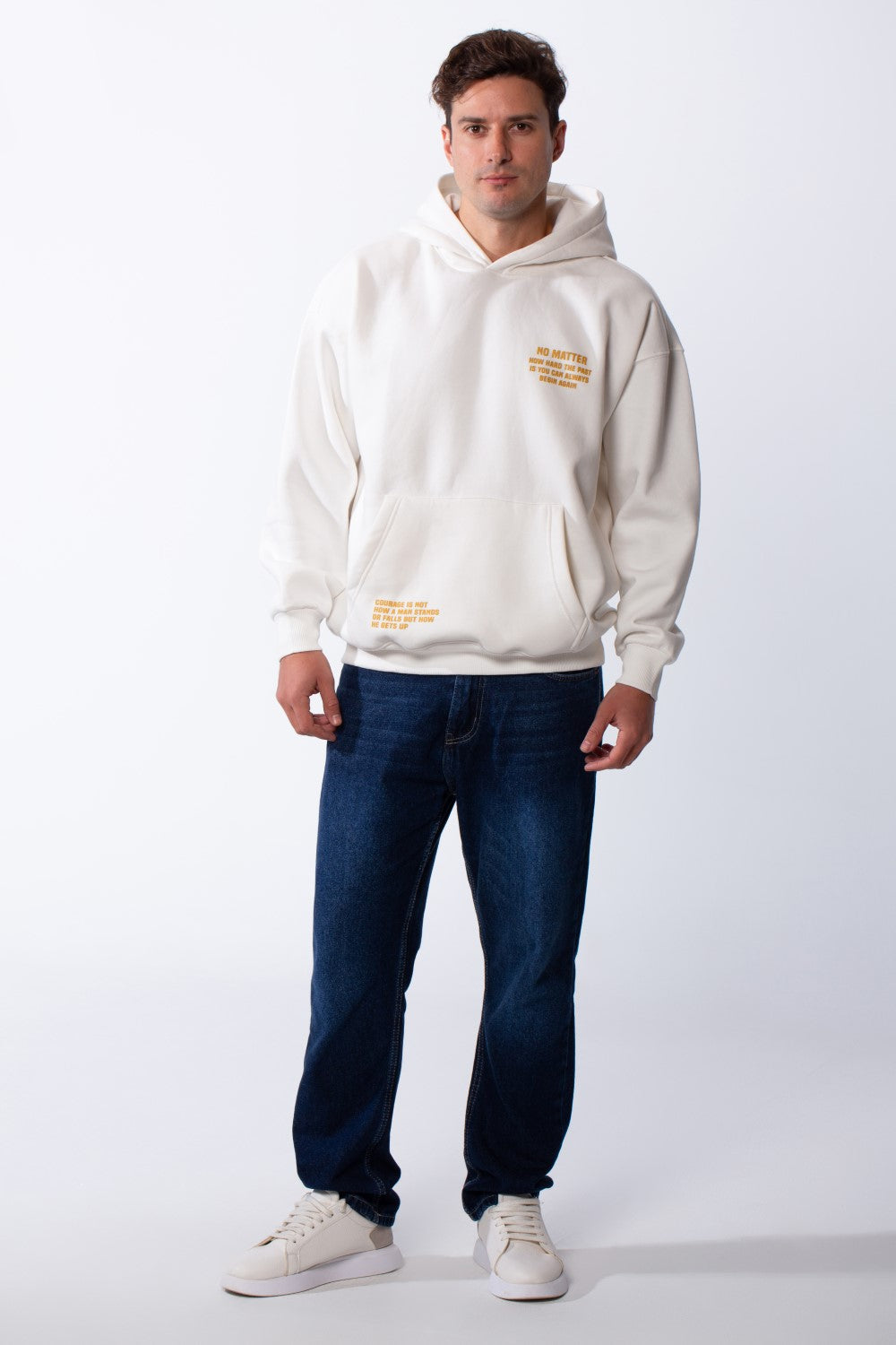 Men's Hooded Practical Text Print Front Pockets Slim Fit Melton Sweatshirt
