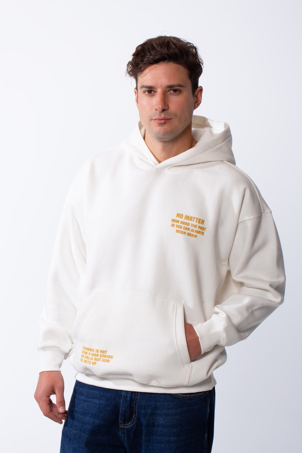 Men's Hooded Practical Text Print Front Pockets Slim Fit Melton Sweatshirt