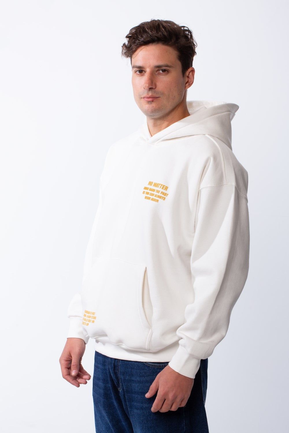Men's Hooded Practical Text Print Front Pockets Slim Fit Melton Sweatshirt