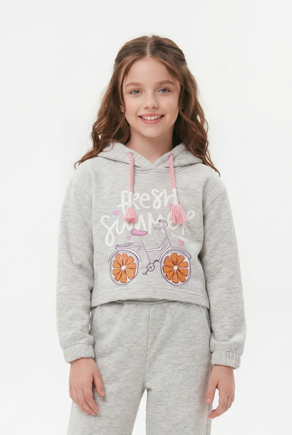 Girl's Two-Piece Set Cropped Playful Graphic Print Elasticated Cuffs Braided Drawstrings CasualCool Slim Fit Outfit