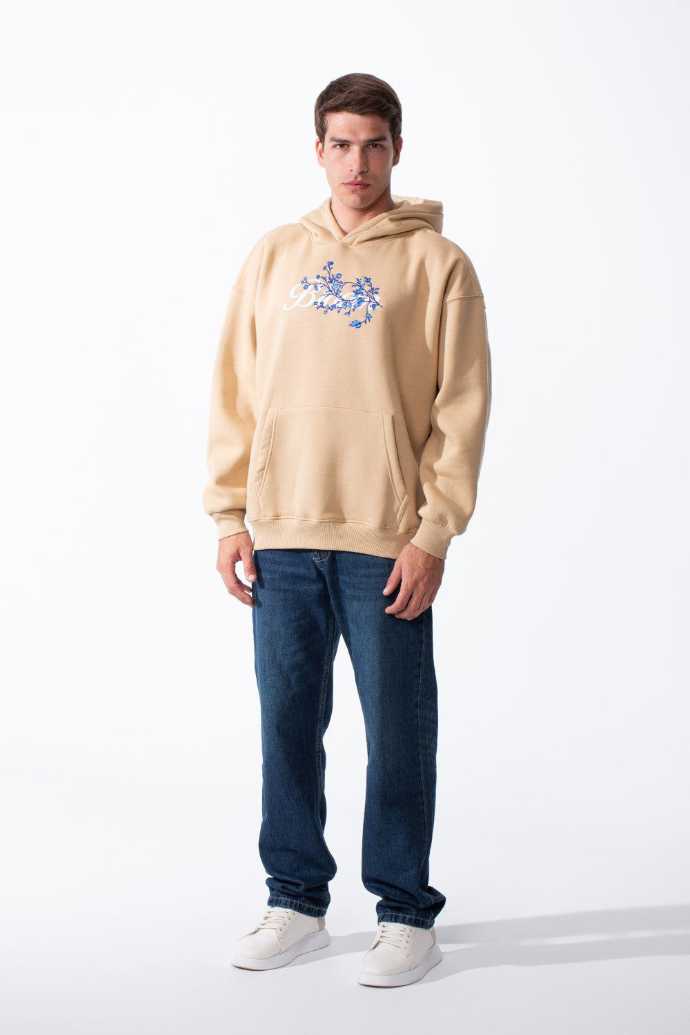 Men's Oversized Urban Design Hooded Neck Long Sleeves Kangaroo Pocket Bold Graphic Print Relaxed Fit Melton Sweatshirt