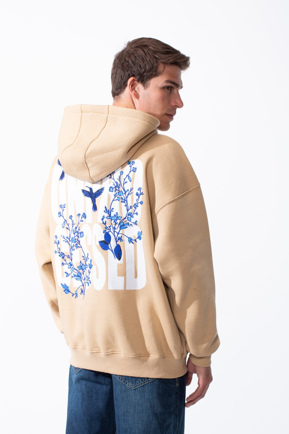 Men's Oversized Urban Design Hooded Neck Long Sleeves Kangaroo Pocket Bold Graphic Print Relaxed Fit Melton Sweatshirt