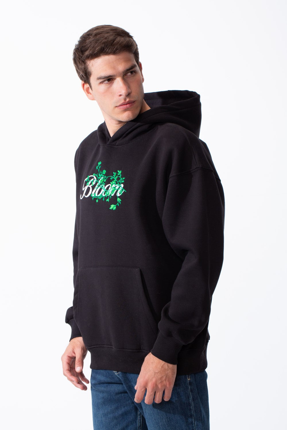 Men's Oversized Urban Design Hooded Neck Long Sleeves Kangaroo Pocket Bold Graphic Print Relaxed Fit Melton Sweatshirt