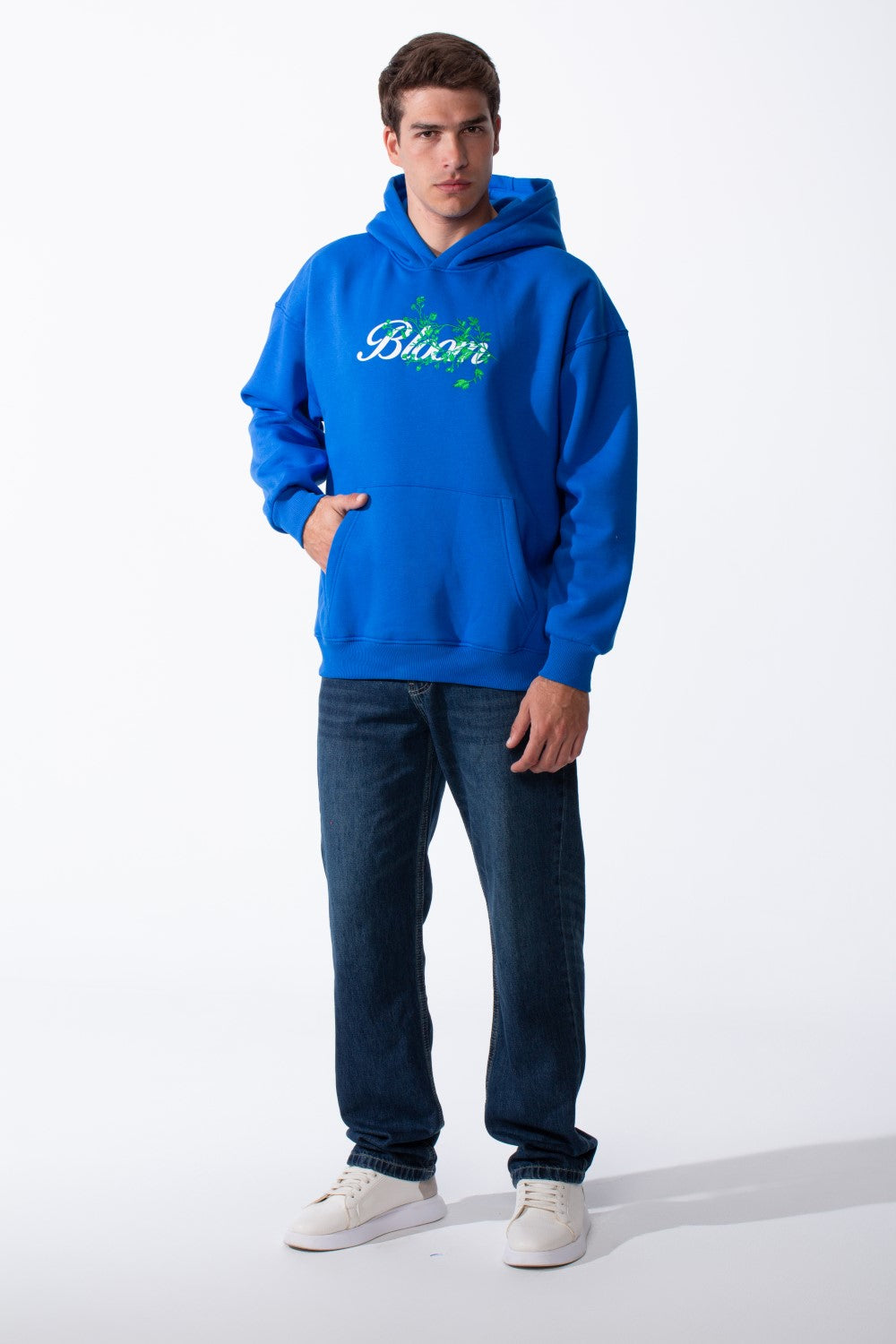 Men's Oversized Urban Design Hooded Neck Long Sleeves Kangaroo Pocket Bold Graphic Print Relaxed Fit Melton Sweatshirt