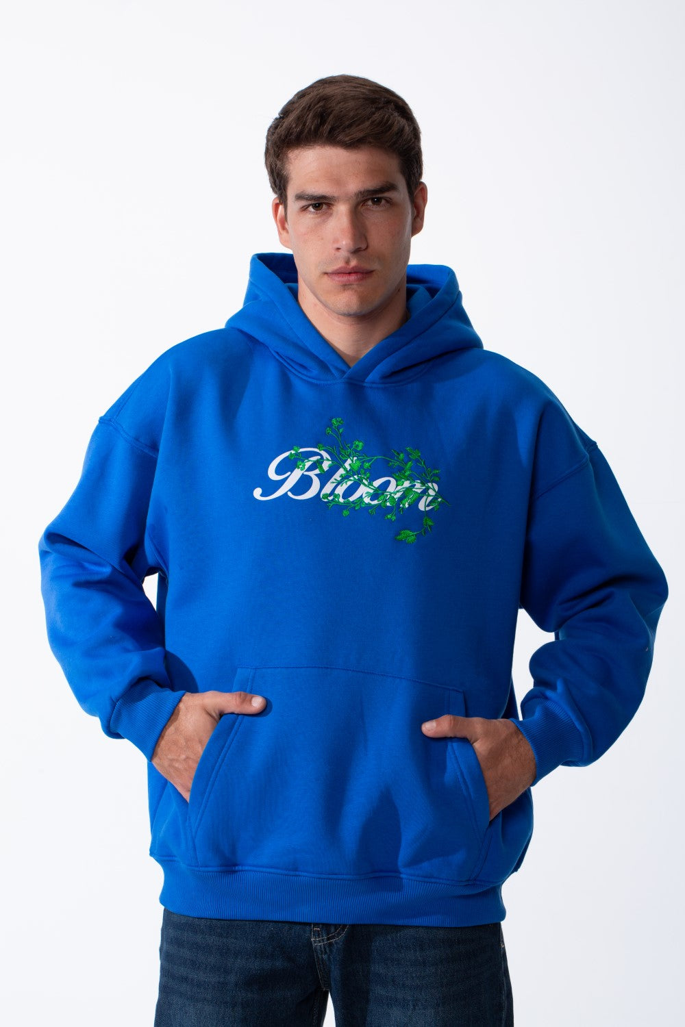 Men's Oversized Urban Design Hooded Neck Long Sleeves Kangaroo Pocket Bold Graphic Print Relaxed Fit Melton Sweatshirt
