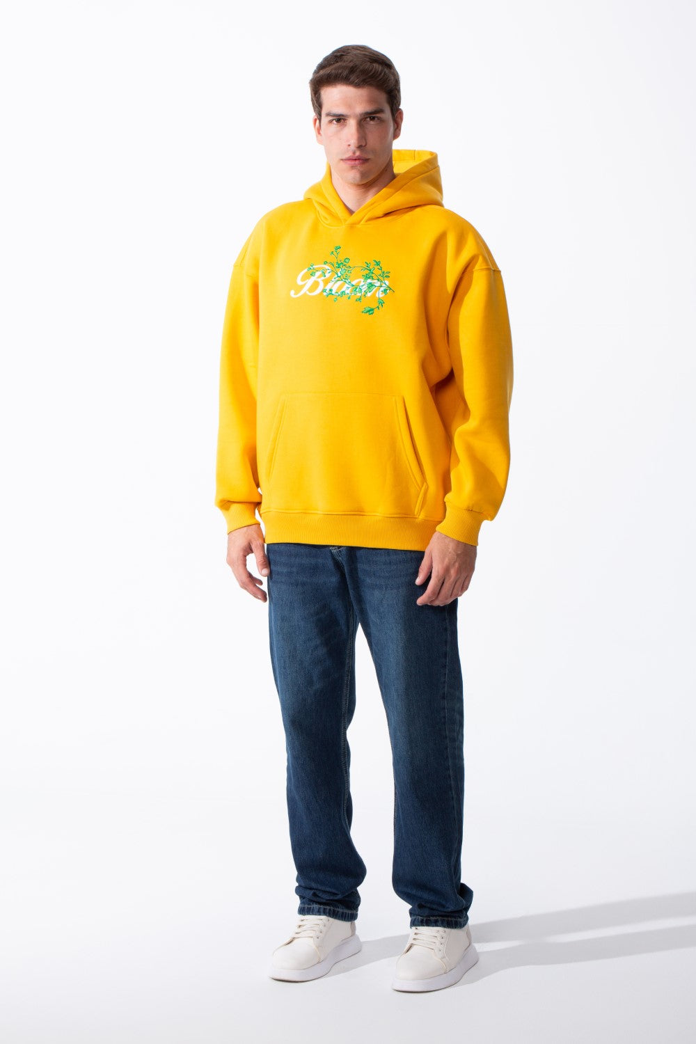 Men's Oversized Urban Design Hooded Neck Long Sleeves Kangaroo Pocket Bold Graphic Print Relaxed Fit Melton Sweatshirt