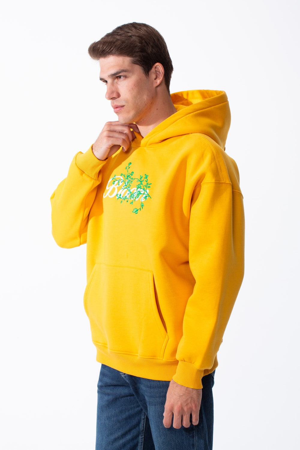 Men's Oversized Urban Design Hooded Neck Long Sleeves Kangaroo Pocket Bold Graphic Print Relaxed Fit Melton Sweatshirt