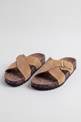 Men's Tomato Store Suede Cross-Strap Sliper Adjustable Buckle Detail Contoured Cork Footbed Open-Toe Comfort Slip-On Style