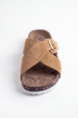 Men's Tomato Store Suede Cross-Strap Sliper Adjustable Buckle Detail Contoured Cork Footbed Open-Toe Comfort Slip-On Style