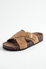 Men's Tomato Store Suede Cross-Strap Sliper Adjustable Buckle Detail Contoured Cork Footbed Open-Toe Comfort Slip-On Style