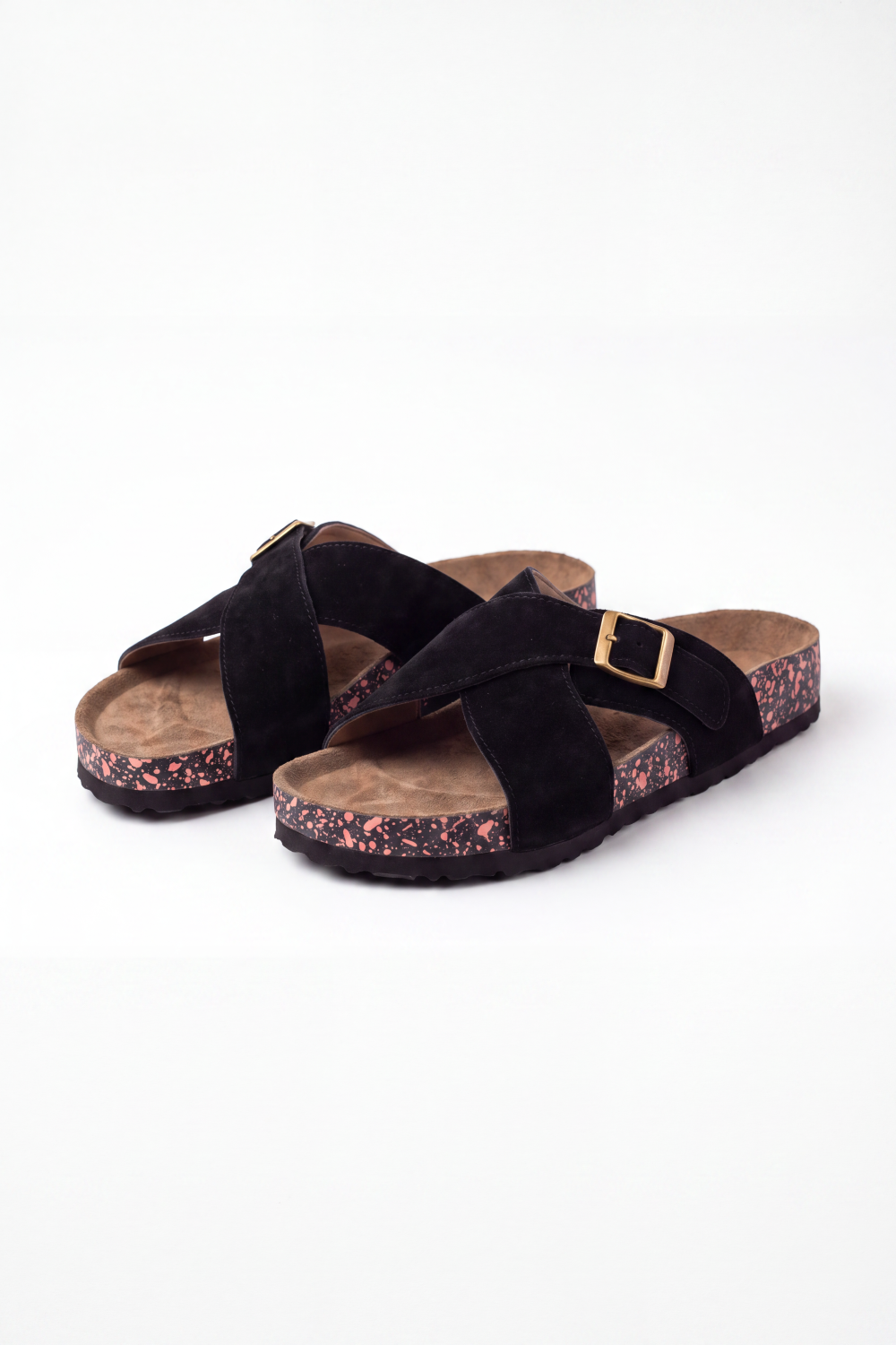 Men's Tomato Store Suede Cross-Strap Sliper Adjustable Buckle Detail Contoured Cork Footbed Open-Toe Comfort Slip-On Style