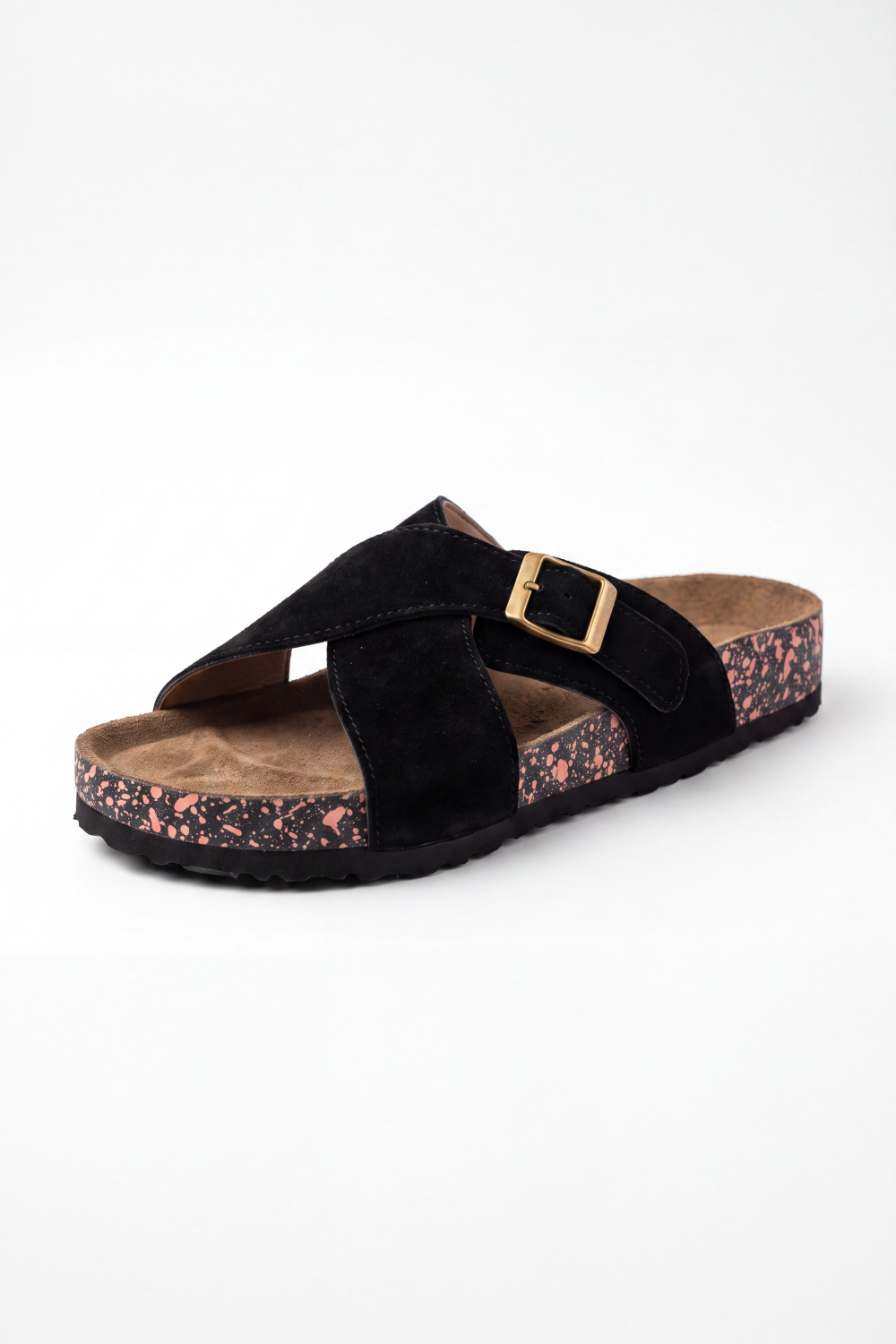 Men's Tomato Store Suede Cross-Strap Sliper Adjustable Buckle Detail Contoured Cork Footbed Open-Toe Comfort Slip-On Style
