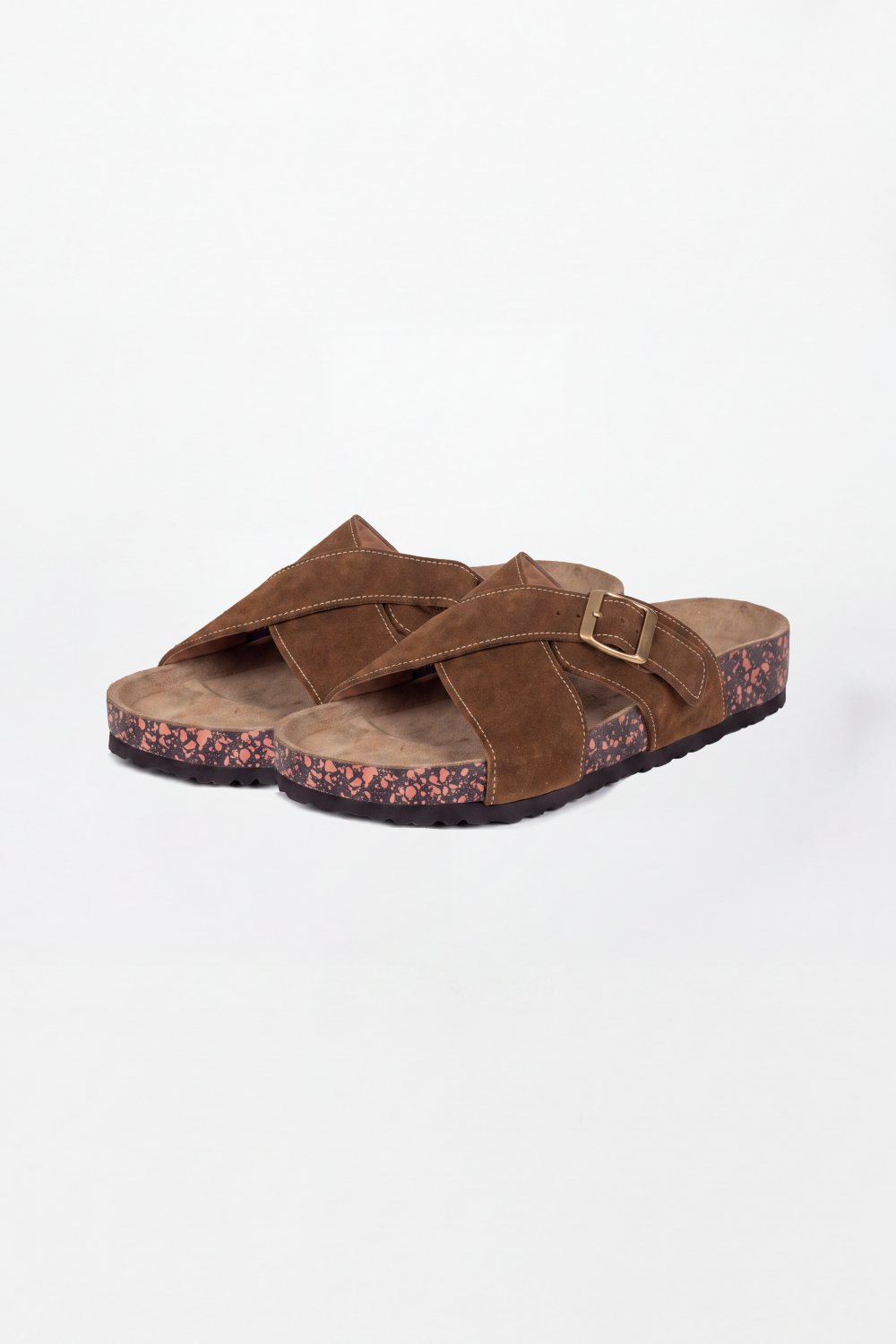 Men's Tomato Store Suede Cross-Strap Sliper Adjustable Buckle Detail Contoured Cork Footbed Open-Toe Comfort Slip-On Style