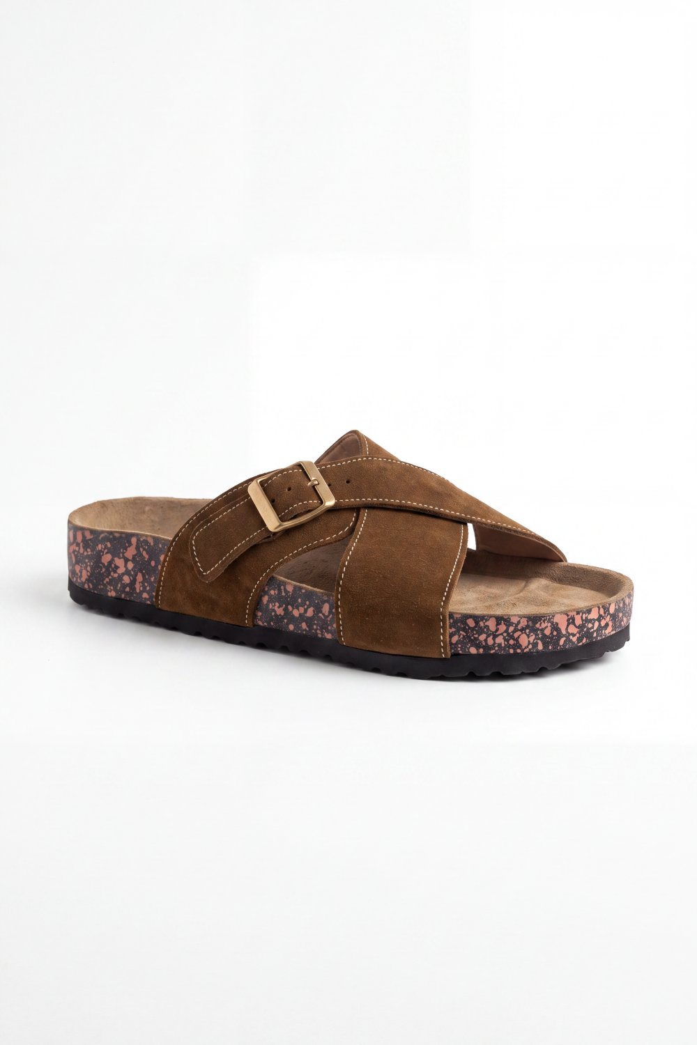 Men's Tomato Store Suede Cross-Strap Sliper Adjustable Buckle Detail Contoured Cork Footbed Open-Toe Comfort Slip-On Style