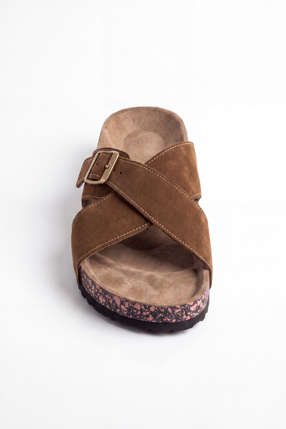 Men's Tomato Store Suede Cross-Strap Sliper Adjustable Buckle Detail Contoured Cork Footbed Open-Toe Comfort Slip-On Style