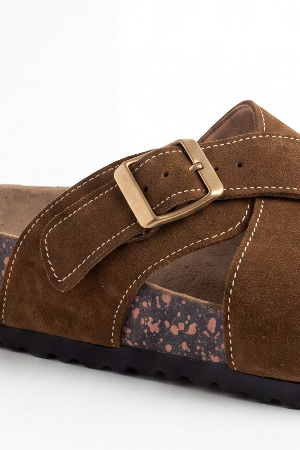 Men's Tomato Store Suede Cross-Strap Slipper Adjustable Buckle Detail Contoured Cork Footbed Open-Toe Comfort Slip-On Style