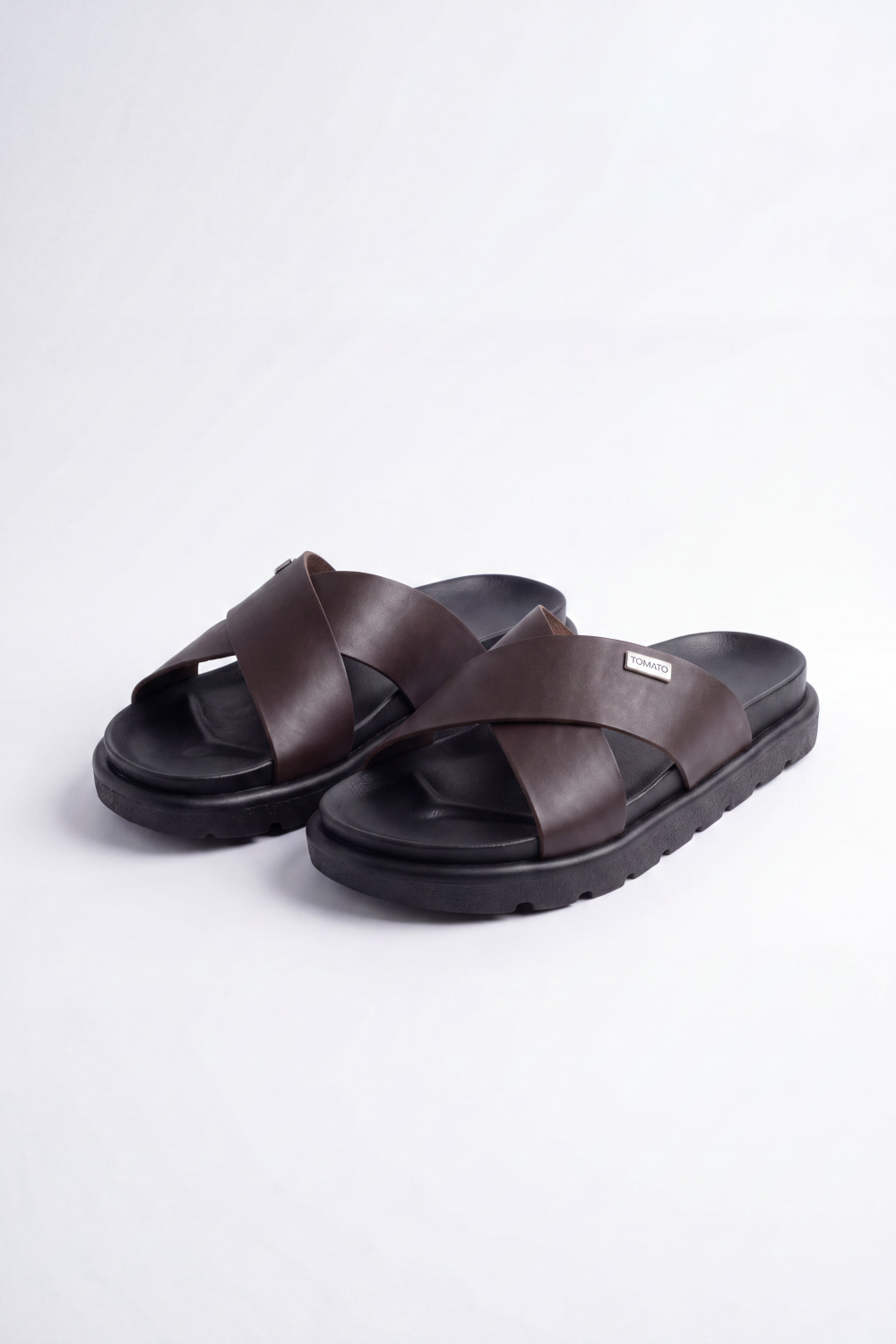 Men’s Tomato Store Crossline Slide Sandals Smooth Wide Strap Surface Overlapped Front Design Small Logo Badge