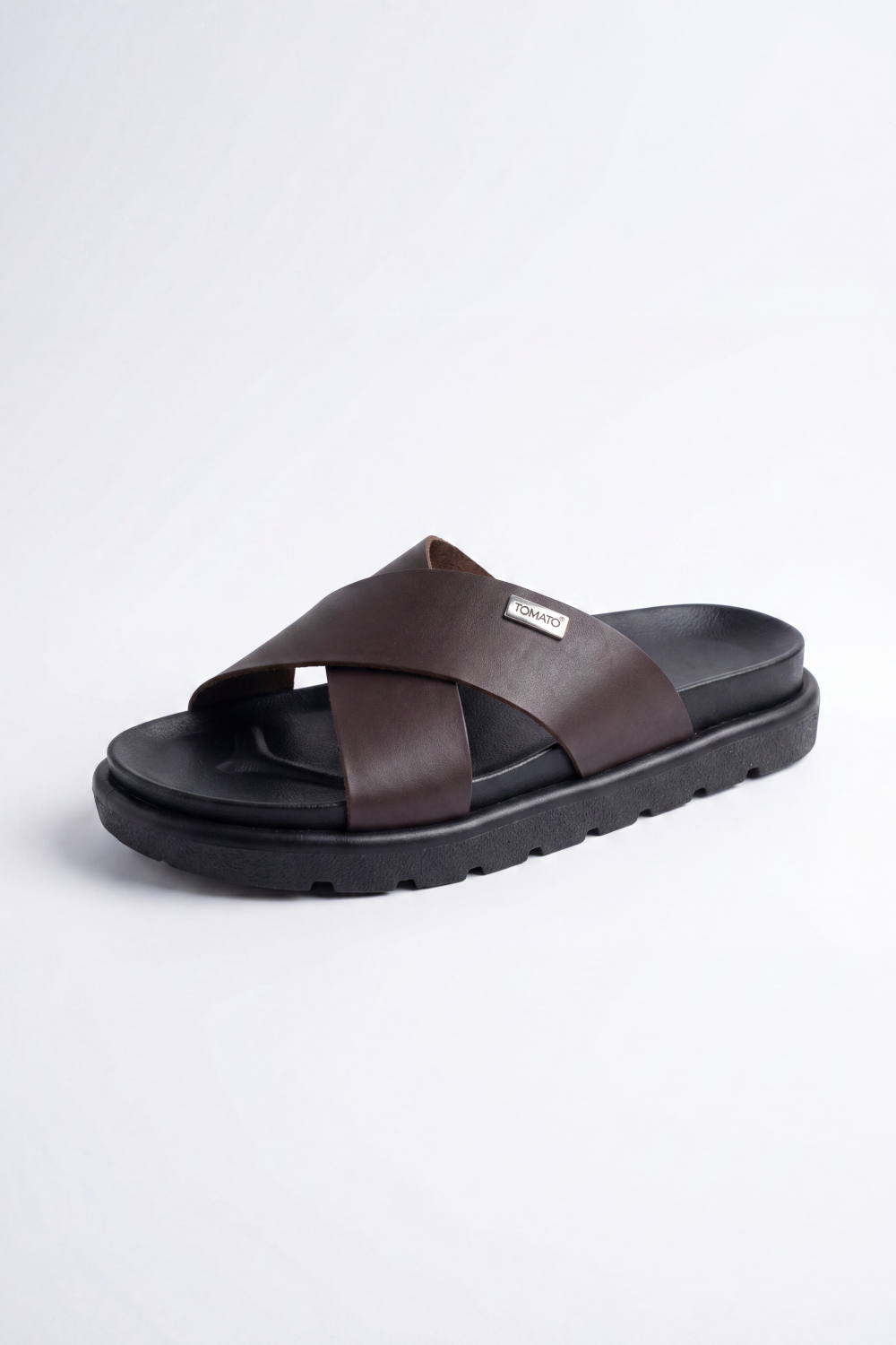 Men’s Tomato Store Crossline Slide Sandals Smooth Wide Strap Surface Overlapped Front Design Small Logo Badge