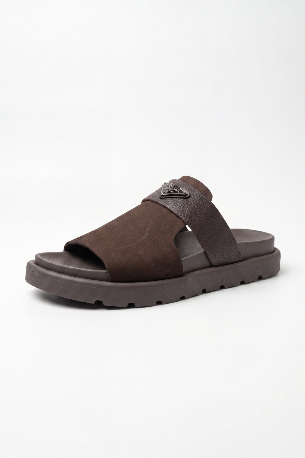 Men’s Tomato Store Heritage Buckle Slides Sandals Brushed Nap Upper Paired With Pebbled Grain Cross Strap Raised Metal Badge