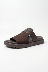 Men’s Tomato Store Heritage Buckle Slides Sandals Brushed Nap Upper Paired With Pebbled Grain Cross Strap Raised Metal Badge