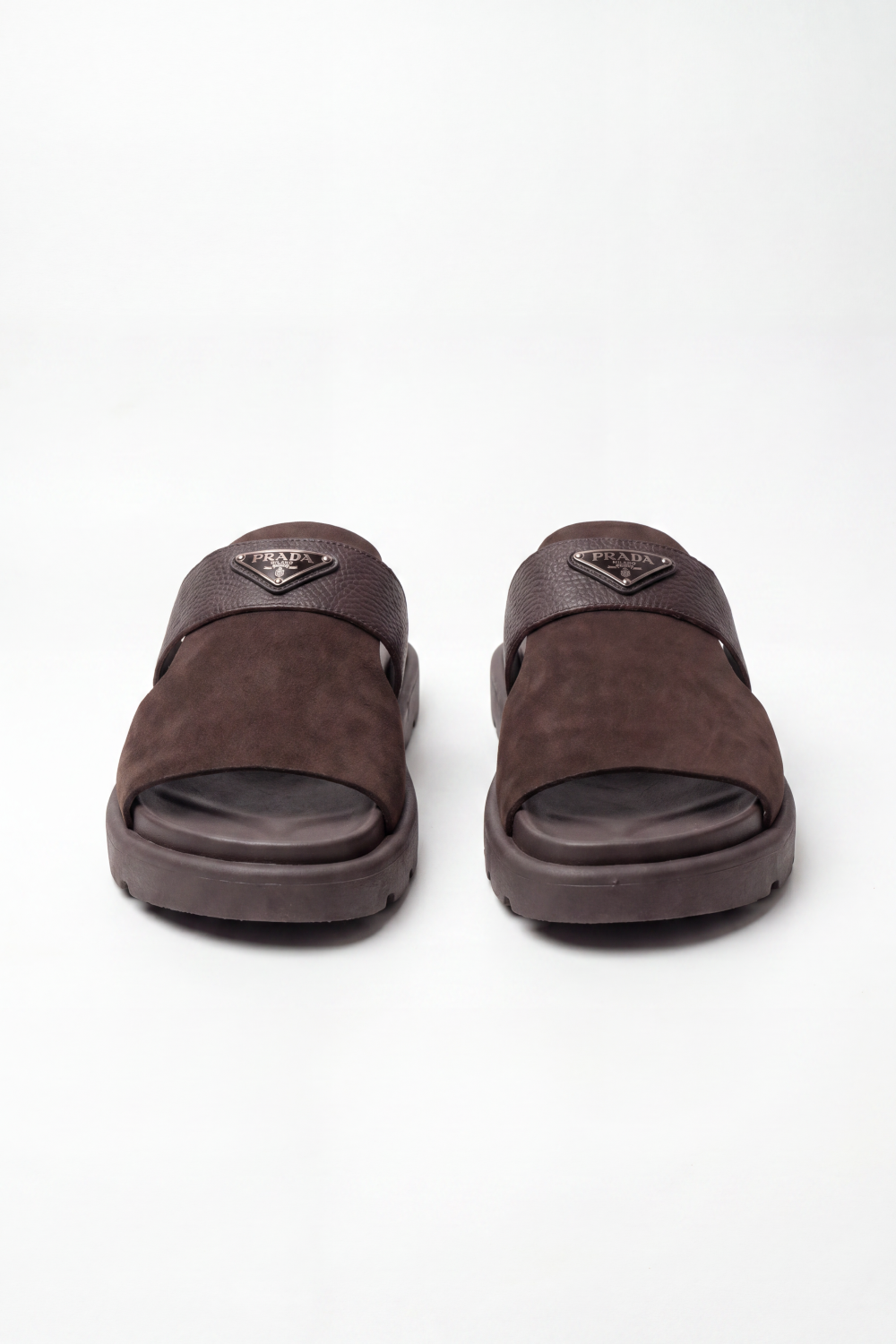 Men’s Tomato Store Heritage Buckle Slides Sandals Brushed Nap Upper Paired With Pebbled Grain Cross Strap Raised Metal Badge