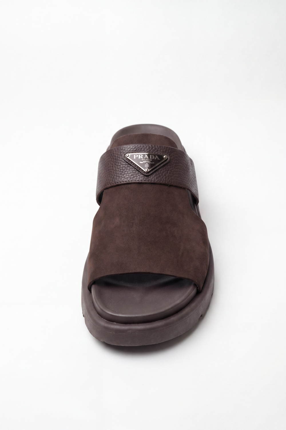 Men’s Tomato Store Heritage Buckle Slides Sandals Brushed Nap Upper Paired With Pebbled Grain Cross Strap Raised Metal Badge