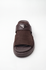 Men’s Tomato Store Heritage Buckle Slides Sandals Brushed Nap Upper Paired With Pebbled Grain Cross Strap Raised Metal Badge