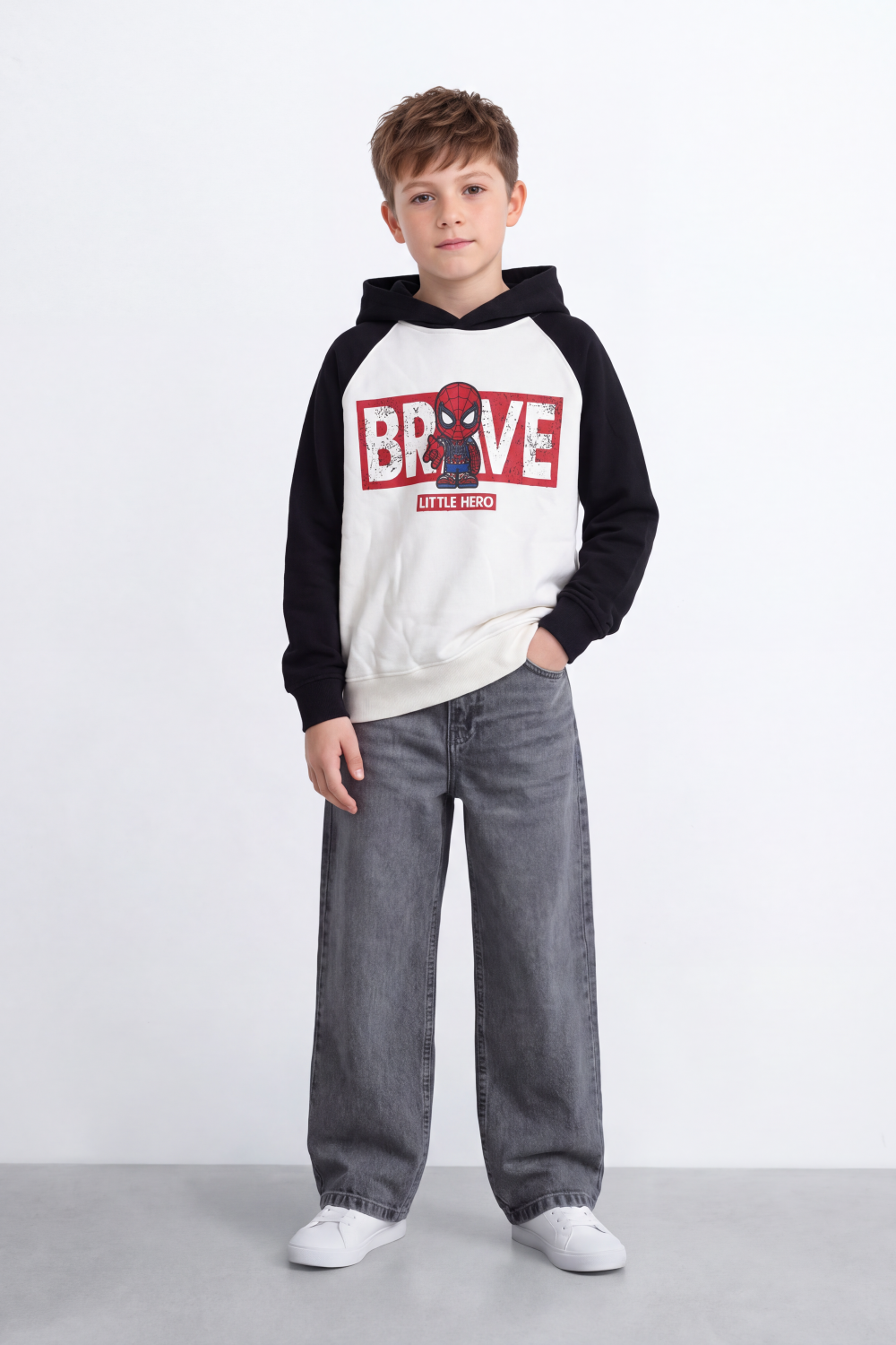 Boy's Tomato Store Sweatshirt Hooded Design Contrast Raglan Sleeves Oversize Melton