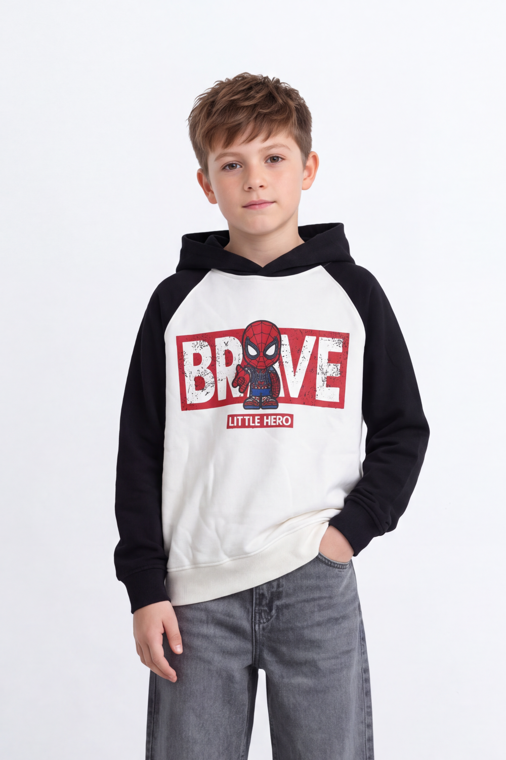 Boy's Tomato Store Sweatshirt Hooded Design Contrast Raglan Sleeves Oversize Melton