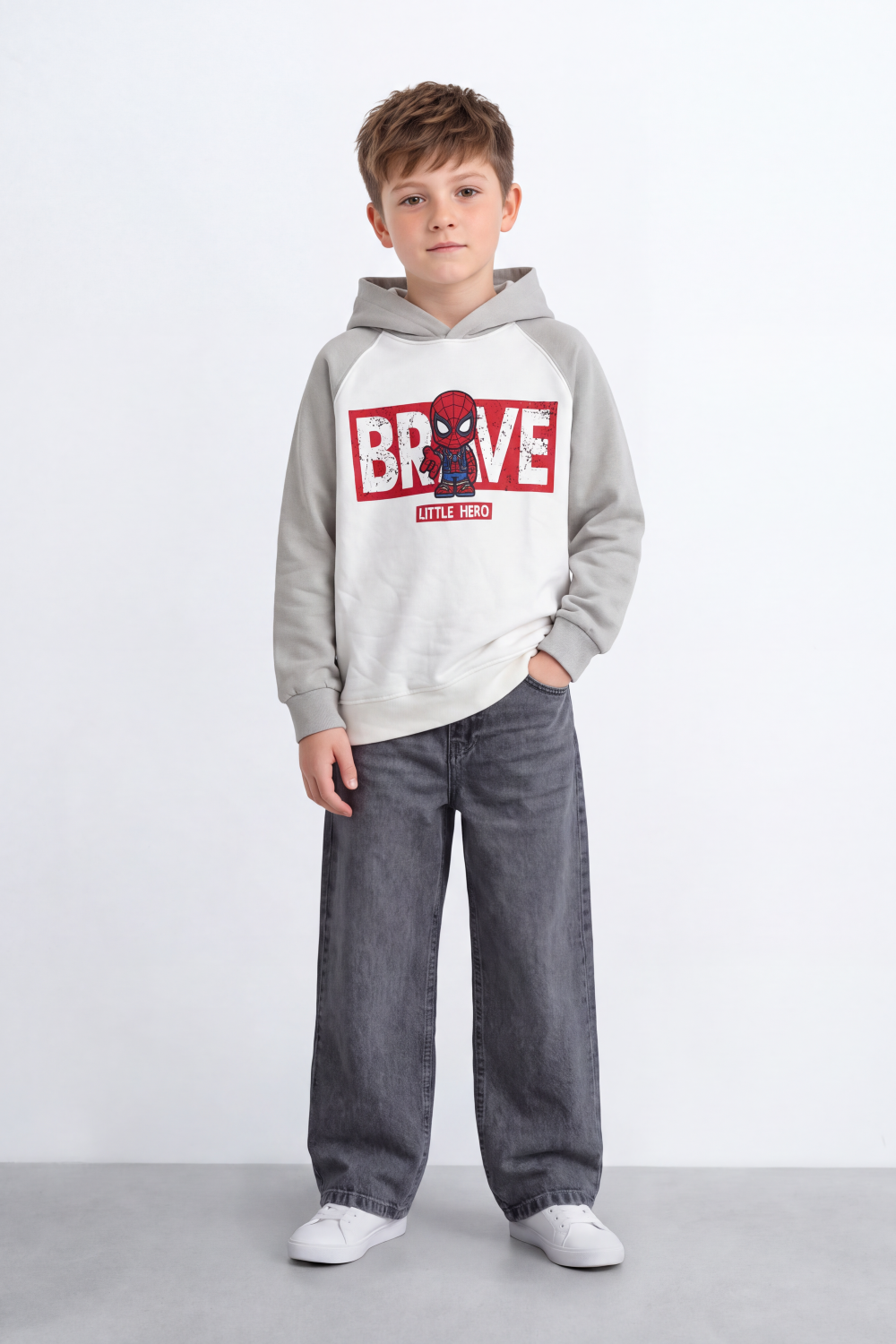 Boy's Tomato Store Sweatshirt Hooded Design Contrast Raglan Sleeves Oversize Melton