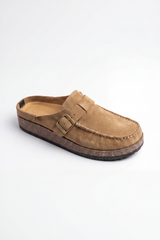 Men’s Tomato Store Clogs Loafers Brushed Nap Texture Across The Upper Moc Toe Stitching Cross Strap Buckle Detail Slipper
