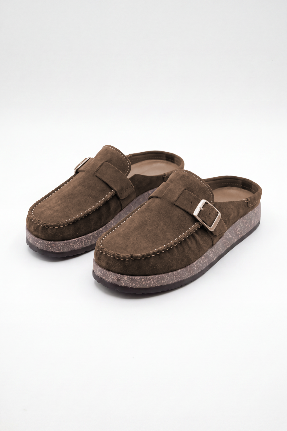 Men’s Tomato Store Clogs Loafers Brushed Nap Texture Across The Upper Moc Toe Stitching Cross Strap Buckle Detail Slipper