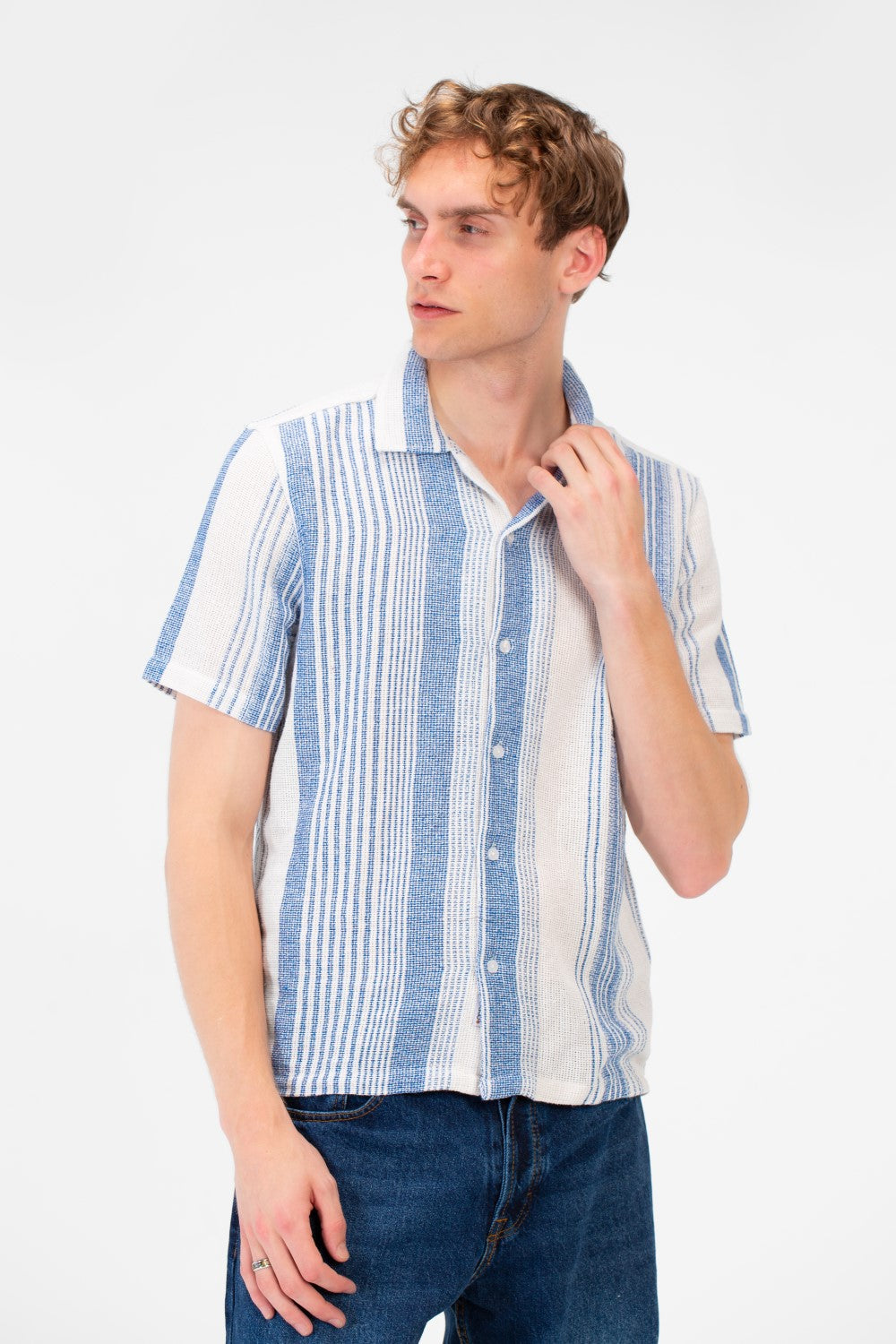 Men's Tomato Store Textured Waffle Knit Fabric Vertical Stripe Pattern Front Button Down Shirt