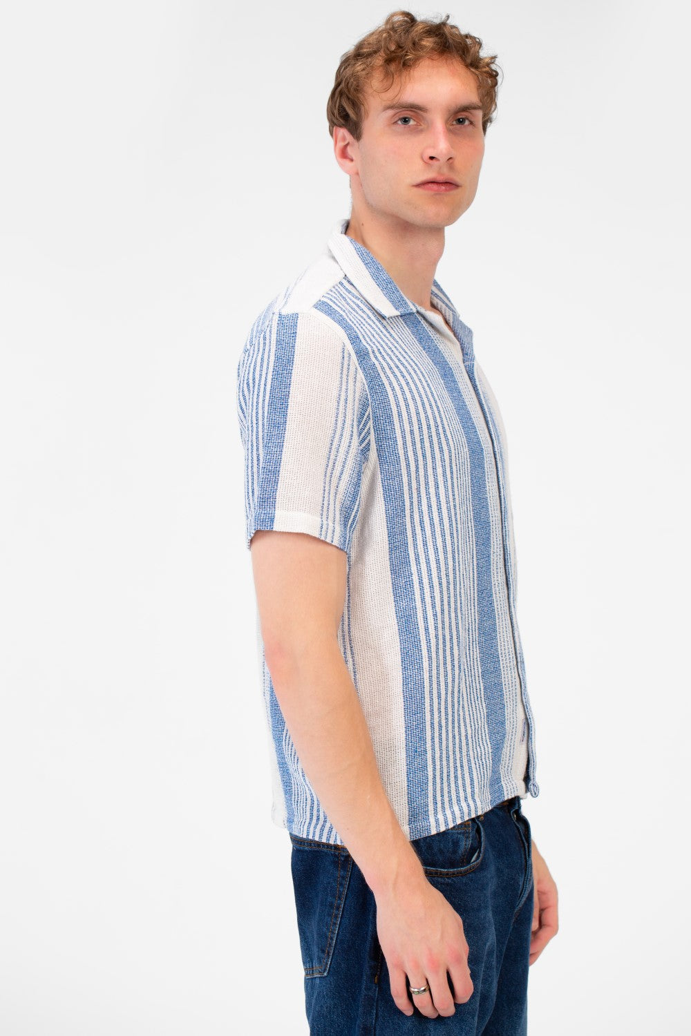 Men's Tomato Store Textured Waffle Knit Fabric Vertical Stripe Pattern Front Button Down Shirt