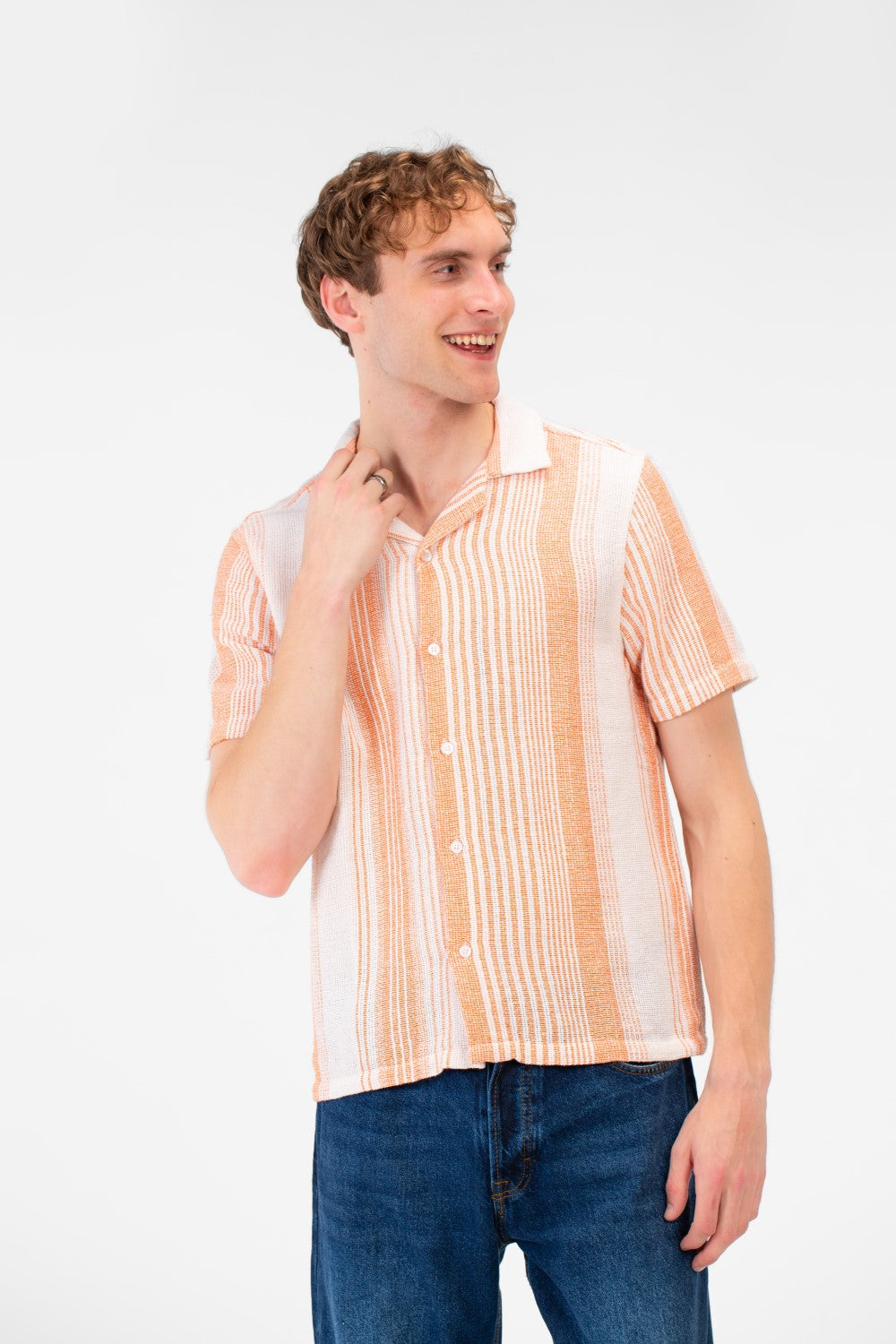 Men's Tomato Store Textured Waffle Knit Fabric Vertical Stripe Pattern Front Button Down Shirt