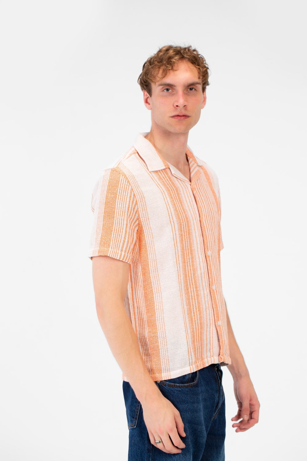 Men's Tomato Store Textured Waffle Knit Fabric Vertical Stripe Pattern Front Button Down Shirt