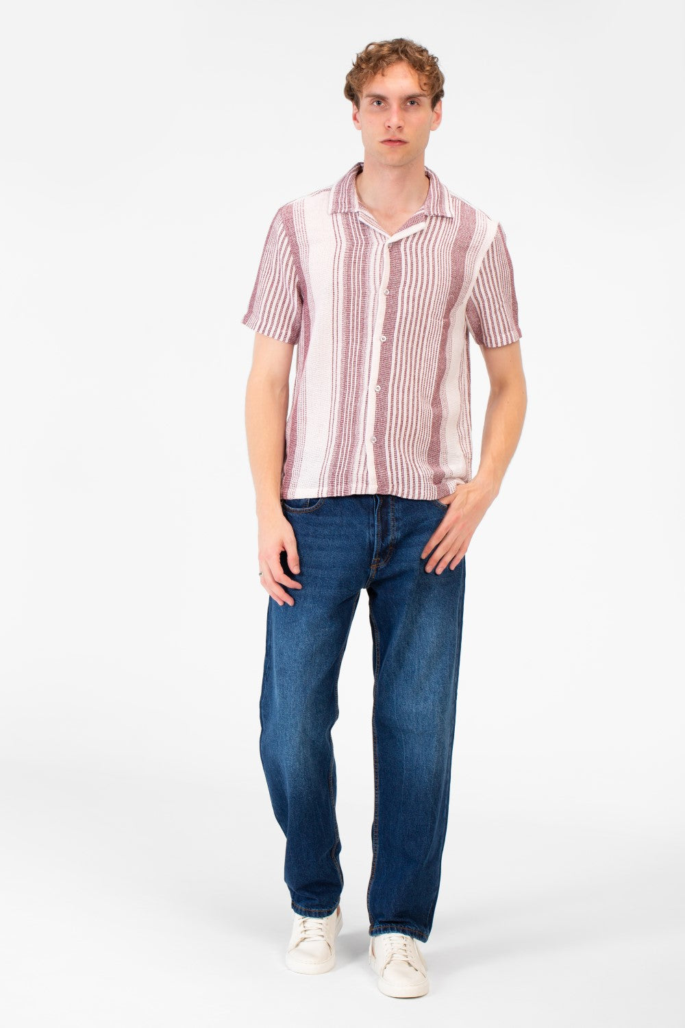 Men's Tomato Store Textured Waffle Knit Fabric Vertical Stripe Pattern Front Button Down Shirt