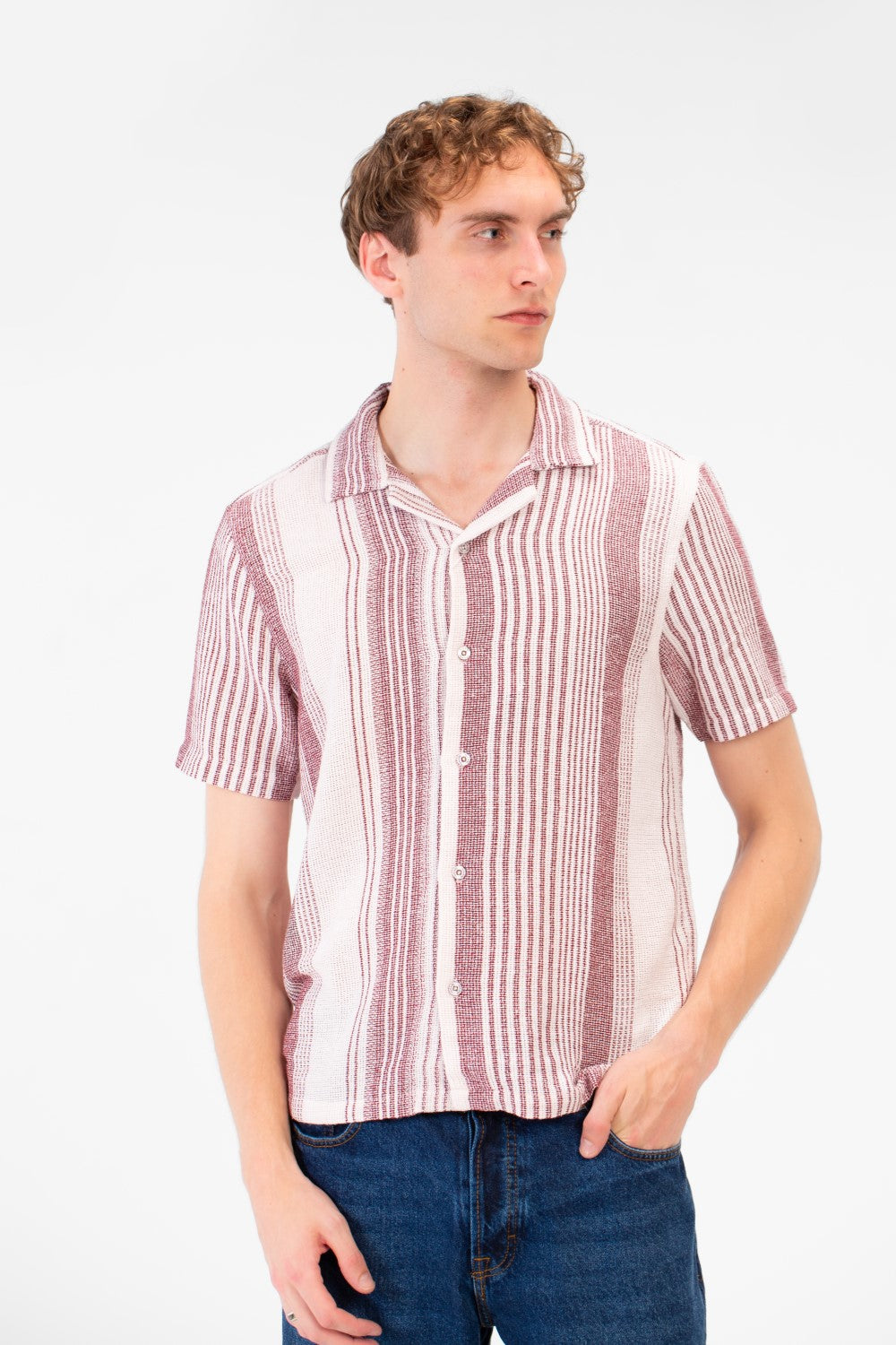 Men's Tomato Store Textured Waffle Knit Fabric Vertical Stripe Pattern Front Button Down Shirt